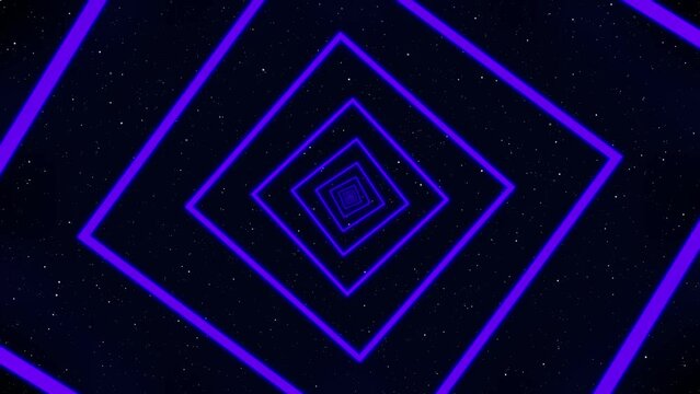 Endless neon glowing futuristic purple square tunnel against a starry sky leading into the space full of stars. Full HD, perfect loop. Best for presentations, backgrounds and business.