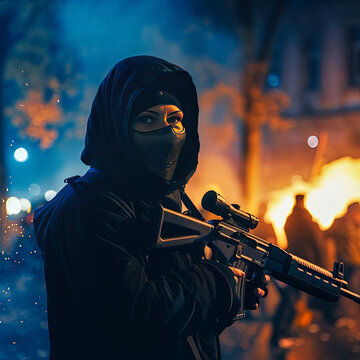 A French protester holding a gun during a night of riot in Paris, fire n the background - generative ai