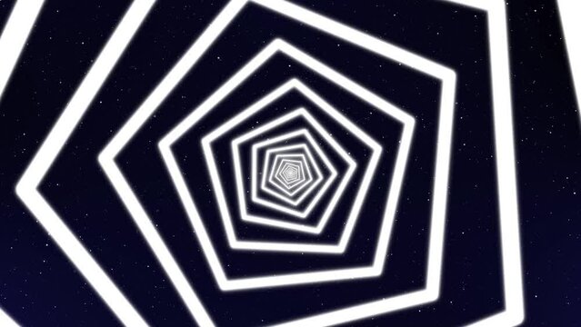 Star space futuristic tunnel animated background. Infinite rotating pentagon in the space with sparkling stars. Full HD, perfect loop.