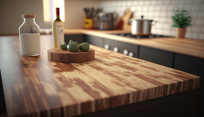 Fototapeta na wymiar Wood table top on blur kitchen counter 01 Generative AI