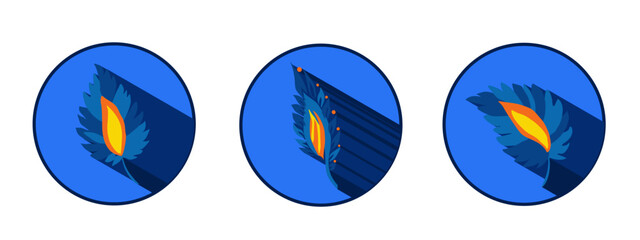 Set of leaf logos with shadows. Traditional Ukrainian painting of Petrykivka. Elements of blue-yellow floral ornament. Decorative vector illustration.