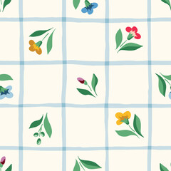 Bright Chintz Romantic Meadow Wildflowers and Windowpane Plaid Vector Seamless Pattern. Cottagecore Garden Flowers and Foliage Print. Homestead Bouquet. Farmhouse Background - 585239955