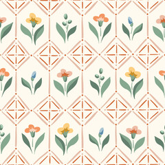 Delicate Chintz Romantic Meadow Wildflowers and Geometric Tiles Vector Seamless Pattern. Cottagecore Garden Flowers and Foliage Print. Homestead Bouquet. Farmhouse Background. Flowers in Greenhouse - 585239991