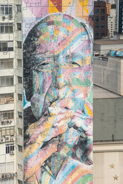 Graffiti with the face of Oscar Niemeyer, produced by graffiti artist Kobra, in S&atilde;o Paulo, Brazil