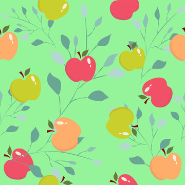 Seamless pattern with green, pink and red apples, apple twig. Design for tablecloth, fabric, wrapping, wallpaper.