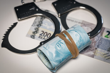 Handcuffs lying on the table next to a bundle of Brazilian money, Concept, Criminal activity in...