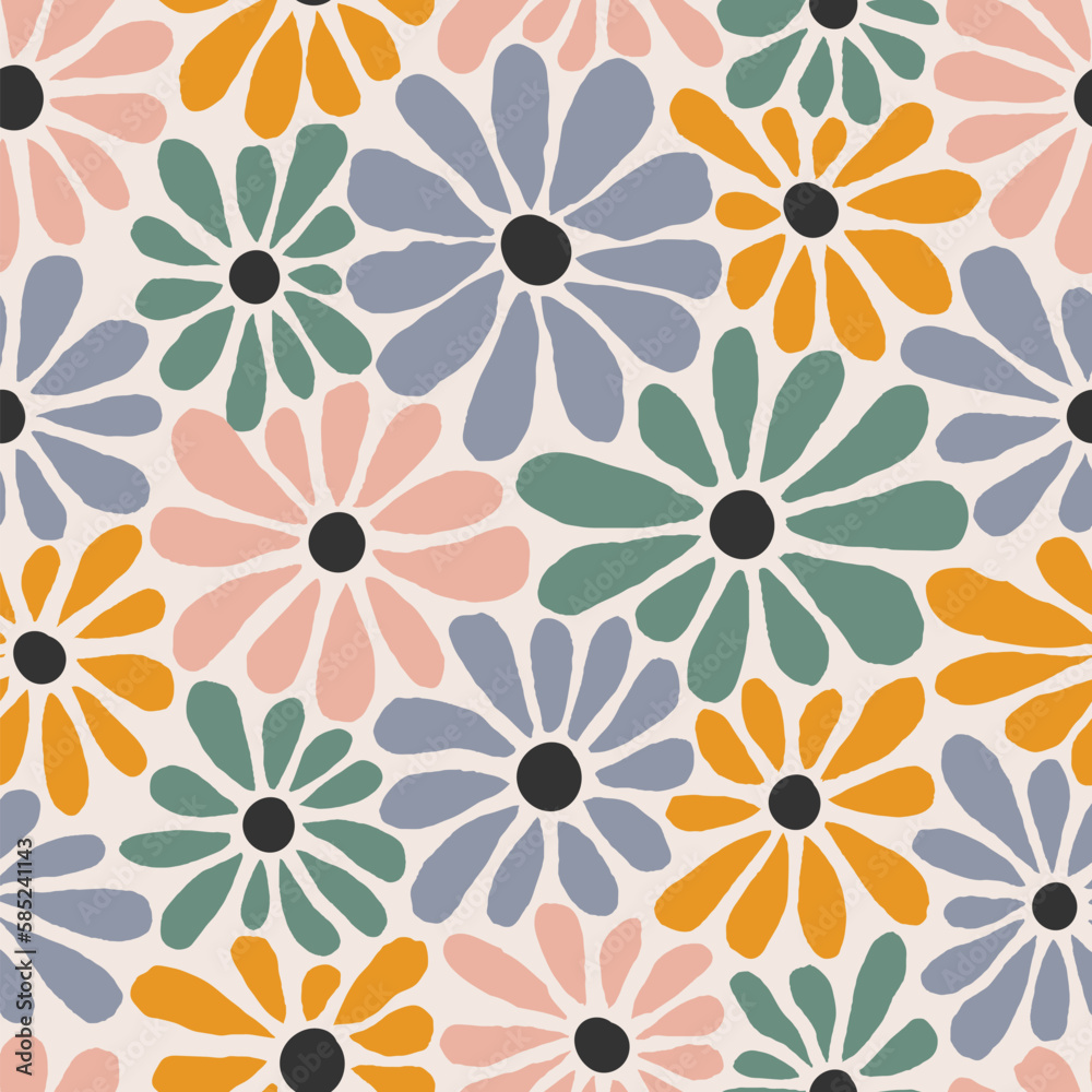 Poster abstract seamless pattern with daisy flowers. trippy floral backgound in retro style of 1970. vector