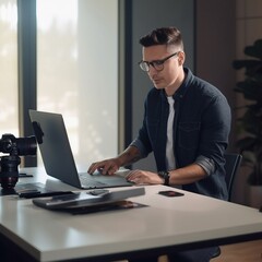 Fototapeta na wymiar person working on laptop at desk