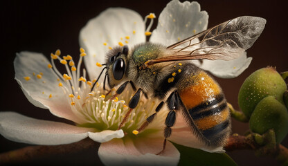 Busy bee pollinates flower collecting yellow pollen generated by AI
