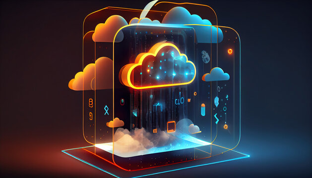 Digital informational technology web futuristic hologram with cloud icon, blue golden light digits and code background, cloud computing. Abstract Motion of digital data flow. - Generative AI - Powered by Adobe