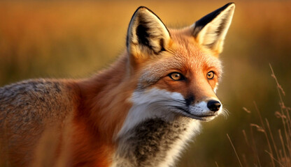 Obraz premium Furry red fox gazes at sunset beauty generated by AI