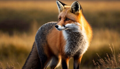 Fototapeta premium Cute red fox focuses on grassy foreground generated by AI