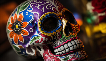 Fototapeta na wymiar Multi colored human skull decoration for Halloween celebration generated by AI