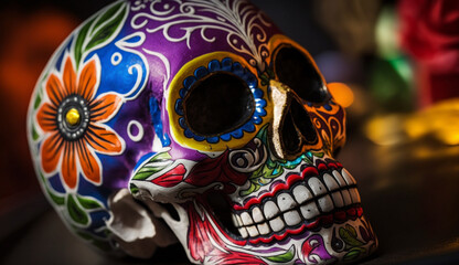 Fototapeta na wymiar Ornate sugar skull souvenir colorful Day of the Dead generated by AI