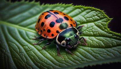 Fototapeta premium Spotted ladybug crawls on green leaf outdoors generated by AI