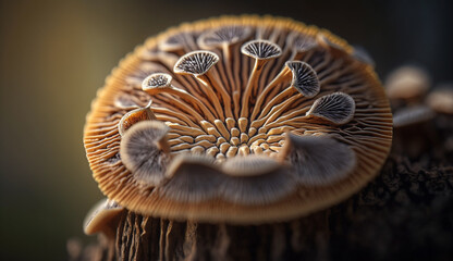 Fresh edible mushroom grows in uncultivated forest generated by AI