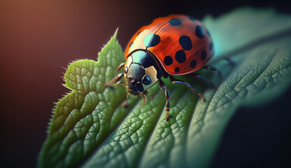 Fototapeta premium Spotted ladybug crawls on bright blue flower generated by AI