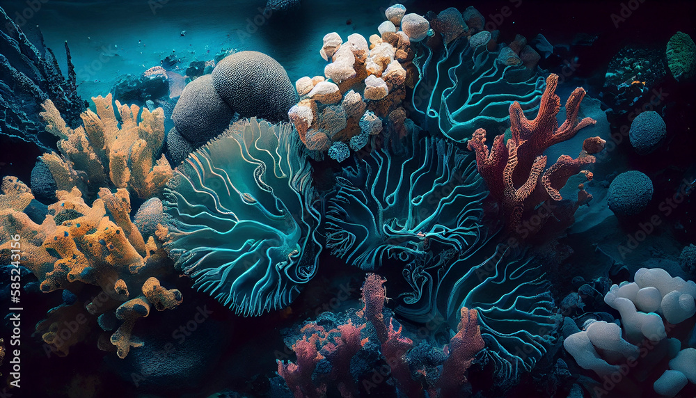 Wall mural Tropical seashore underwater landscape. Coral reef top view. Coral reef underwater photo.