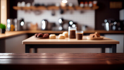 Wood table top on blur kitchen room background .For montage product display or design key visual layout.