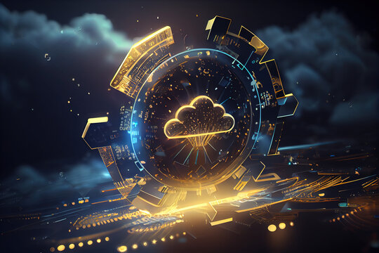 Digital informational technology web futuristic hologram with cloud icon, blue golden light digits and code background, cloud computing. Abstract Motion of digital data flow. - Generative AI