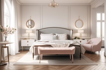Fototapeta na wymiar modern bedroom design, symmetry wallpaper all design, generative artificial intelligence