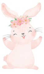 Fototapeta premium Adorable happy whimsical baby pink bunny rabbit with floral crown watercolour illustration