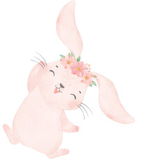 Adorable happy whimsical baby pink bunny rabbit with floral crown watercolour illustration