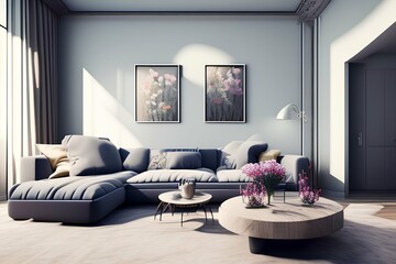 Modern home interior home with comfortable sofa and table with spring flowers , summer season - generative ai
