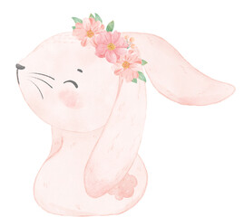 Adorable happy whimsical baby pink bunny rabbit with floral crown watercolour illustration
