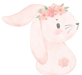 Adorable happy whimsical baby pink bunny rabbit with floral crown watercolour illustration