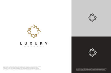 Geometric ornament line art logo. Minimal and elegant royalty logo design. Vector geometric hipster identity for luxury brand.