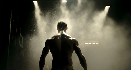 Fototapeta na wymiar Vertical shot of strong muscular man at underground fight club Generative AI