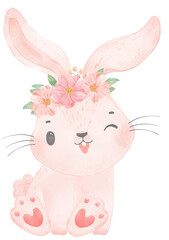 Adorable happy whimsical baby pink bunny rabbit with floral crown watercolour illustration