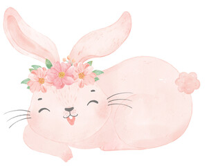 Adorable happy whimsical baby pink bunny rabbit with floral crown watercolour illustration