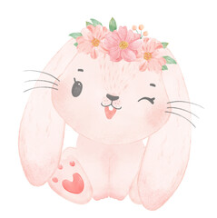 Adorable happy whimsical baby pink bunny rabbit with floral crown watercolour illustration