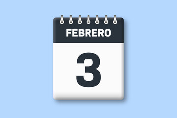 3 de febrero - fecha calendario pagina calendario - tercer dia de febrero sobre fondo azul