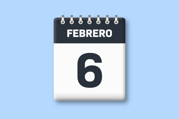6 de febrero - fecha calendario pagina calendario - sexto dia de febrero sobre fondo azul