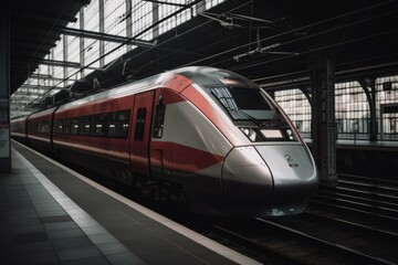 Obraz na płótnie Canvas Modern new red and white high speed train in station - generative AI