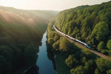 high-speed train driving through a beautiful landscape with a river and a forest - preserving nature with sustainable transportation - generative ai