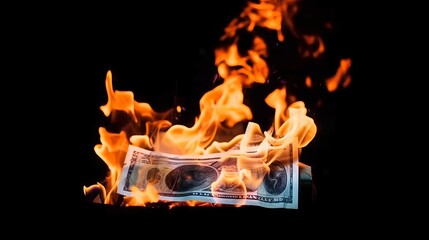 Money on fire with a plain black background. Generative AI.