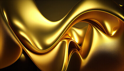 Gold Wavy Satin glass Background, Neon Lighting Elegant silk Golden smooth fabric with curved pattern. - Generative AI