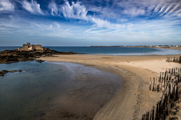 Ancient City Saint-Malo And Fort Petit Be With Sand Beach In Brittany, France