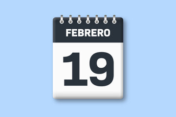 19 de febrero - fecha calendario pagina calendario - decimonoveno dia de febrero sobre fondo azul