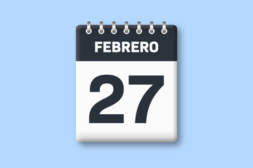 27 de febrero - fecha calendario pagina calendario -  vigesimo septimo dia de febrero sobre fondo azul