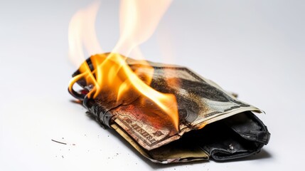A burning pile of money with white background. Generative AI.