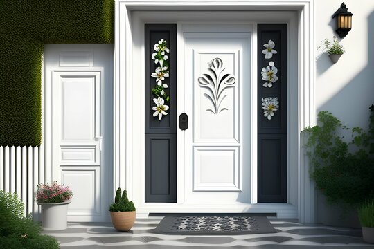 White front door with small square decorative windows and flower pots , house - generative ai © unalcreative
