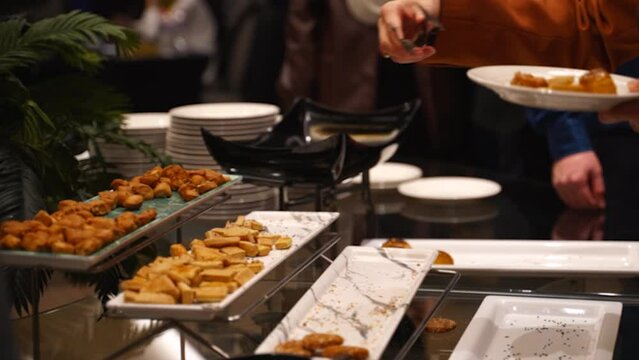 Open buffet with shiny look. Buffet restaurant, the hotel restaurant. Turkish or Arabic food	