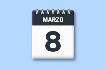 8 de marzo - fecha calendario pagina calendario -  octavo dia de marzo sobre fondo azul
