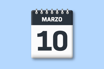 10 de marzo - fecha calendario pagina calendario -  decimo dia de marzo sobre fondo azul