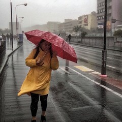 Woman protecting herself from the wind and rain with a red umbrella. Generative AI.